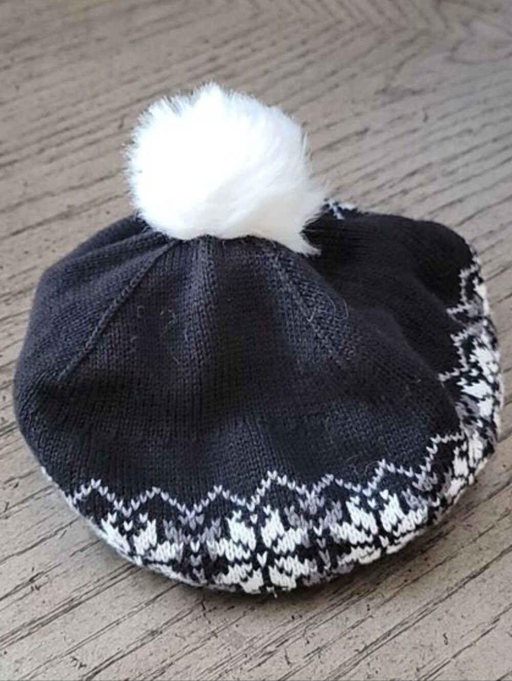 Janie and Jack Black Knit Pom Pom Hat with White Fair Isle Trim